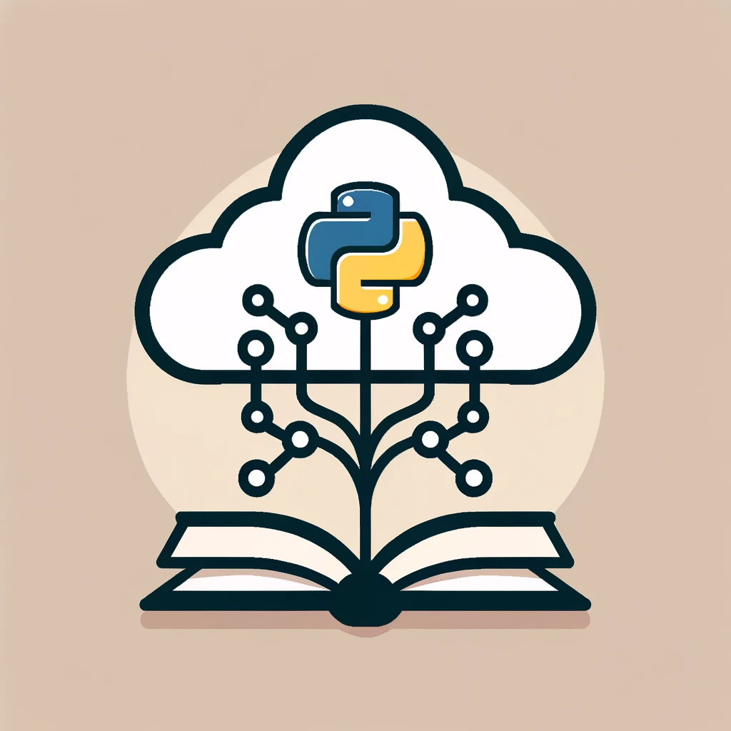 Python logo atop node tree rising from book, standing in front of white cloud