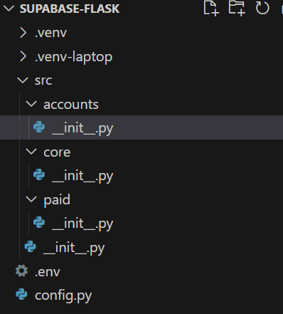 screenshot of project explorer pane in VSCode, showing accounts, core, and paid folders, each with an __init__.py file, nested in the src folder, with its own __init__.py file. In the project root, there is a .venv directory, and a .env and config.py files