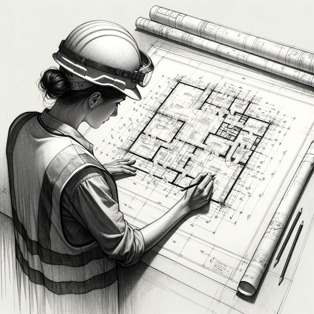 black and white sketch of a woman with hair in a bun, wearing a safety vest and hard hat, drafting a blueprint of a house